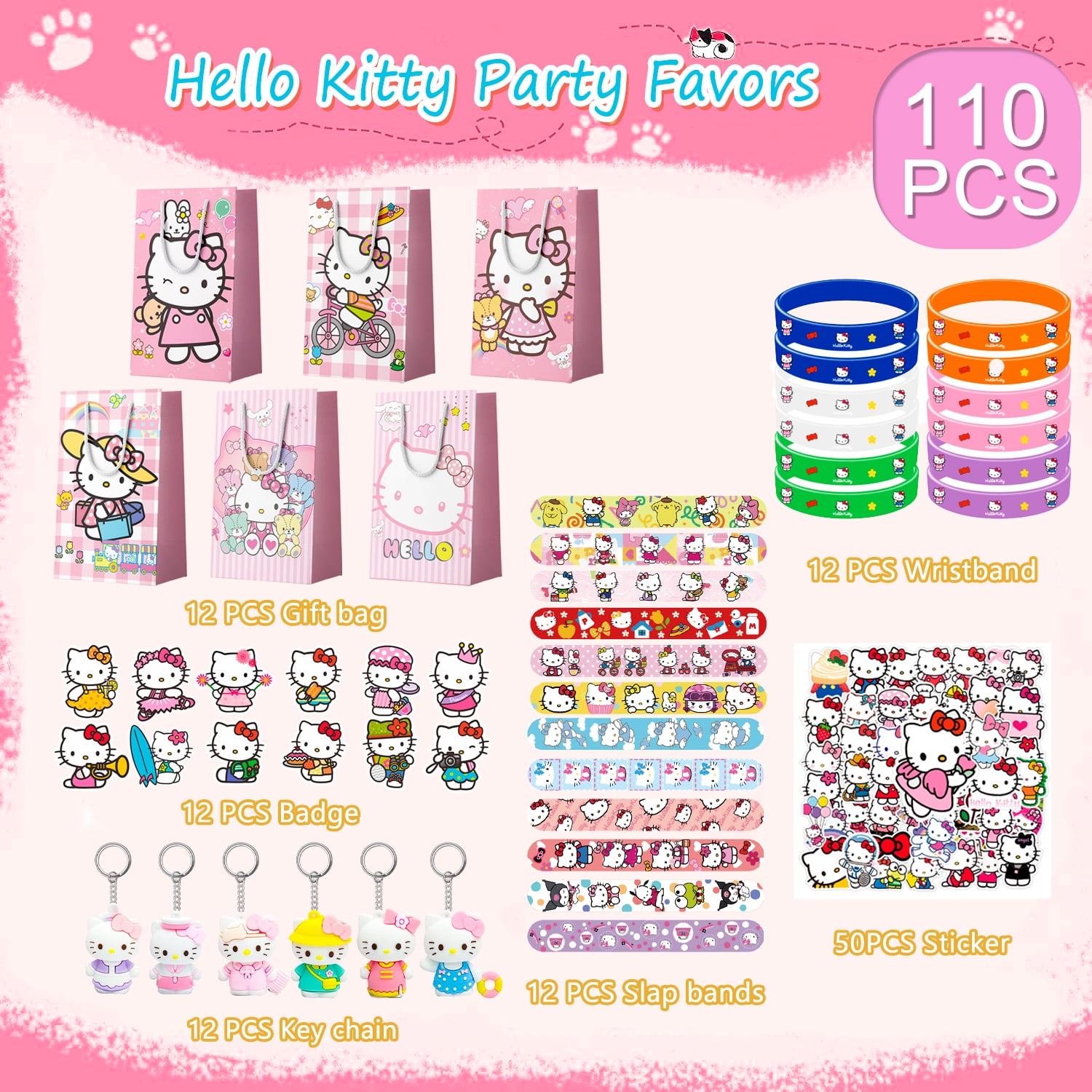 Hello Kitty Party Favors, 110 pcs All-in-One Hello Kitty Birthday Party Favors Set, Including Hello Kitty Party Favor Bags, Stickers, Bracelets Other Hello Kitty Party Favors for Party Supplies