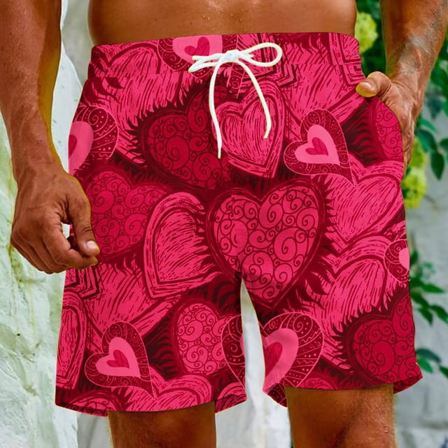Puntoco Pantalones Cortos De Playa Para El Día De San Valentín Para Hombre, Pantalones Cortos Estampados Con Bolsillo Con Cordón, Color Rojo Xxl,Pantalones Cortos Hombre
