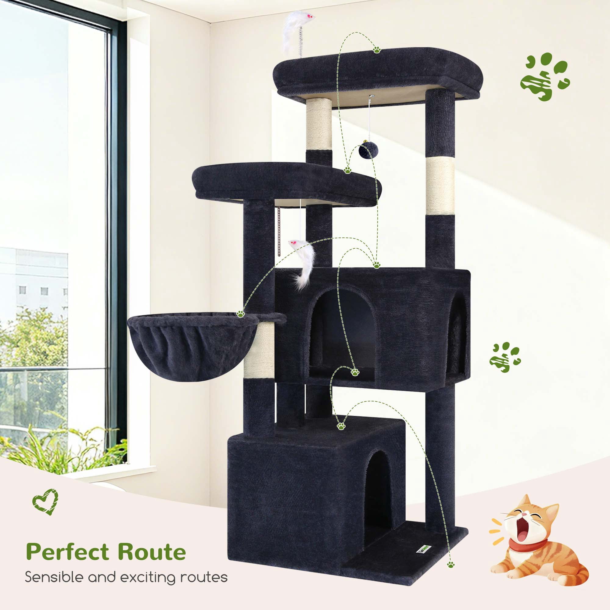 Cat Tree Tower with Scratching Post, 55" Plush Multi-Level Condo with 2 Caves & Basket, Dark Gray