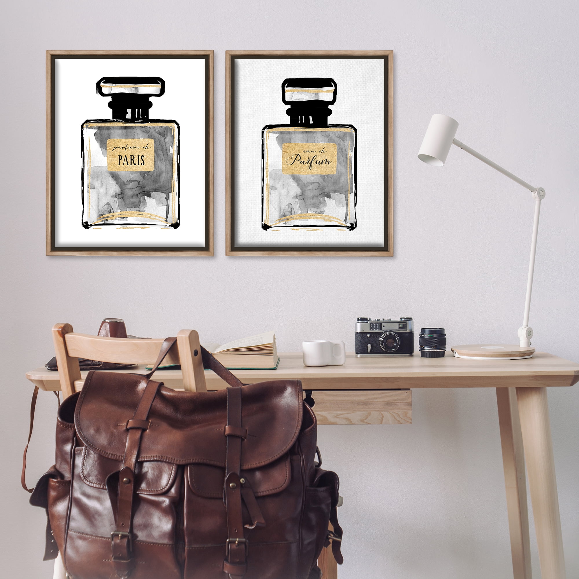 Stupell Industries Gray Gold Parfum Bottle Fashion Painting Brown Floater Framed Canvas Art Print Wall Art, 31 x 25, Set of 2