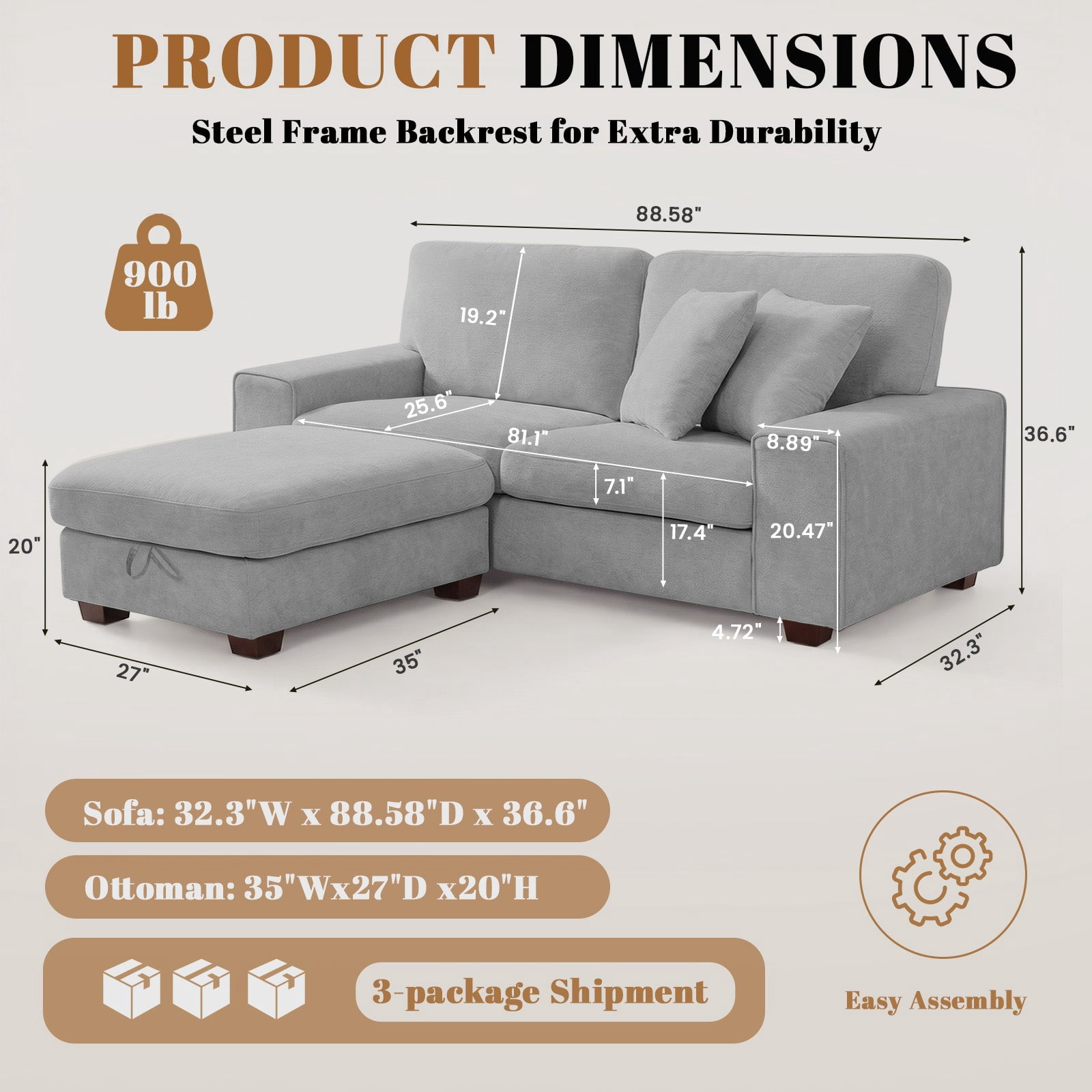Poshby 88.58''W Sectional Sofa 3 Seater Couch with Chenille, Modern Square Arm for Living Room, Light Gray