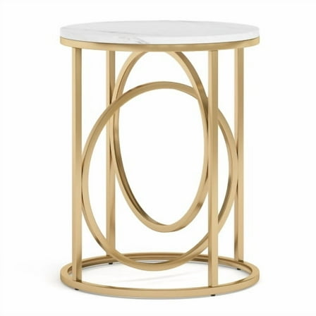 20” Round End Table for Living Room, Modern Marble Side Table with Gold Metal Frame, White and Gold Accent Table, 26-Inch Tall Narrow Nightstand for Bedroom