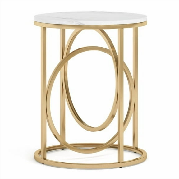 20” Round End Table for Living Room, Modern Marble Side Table with Gold Metal Frame, White and Gold Accent Table, 26-Inch Tall Narrow Nightstand for Bedroom