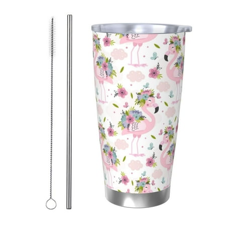 

Fuzoiu Flamingo And Flowers Print 20oz Tumbler Stainless Steel Vacuum Insulated Car Cup Insulated Coffee Mug Travel Mug with Lid Thermal Cup for Outdoor-Straw Two-piece Set
