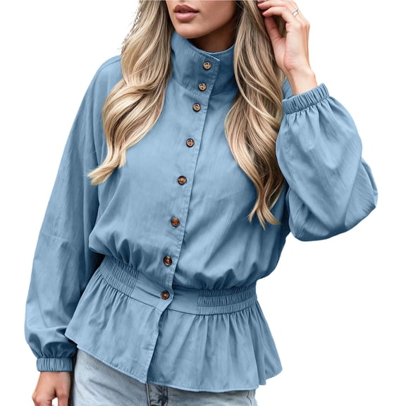 Vynhevius Women's Peplum Jacket Stand Collar Long Sleeve Button Down Elastic Waist Loose Solid Casual Outerwear
