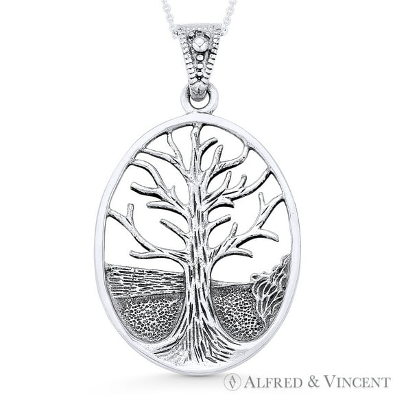 Tree-of-Life Cutout Oval Charm Pendant & Chain Necklace in .925 Sterling Silver