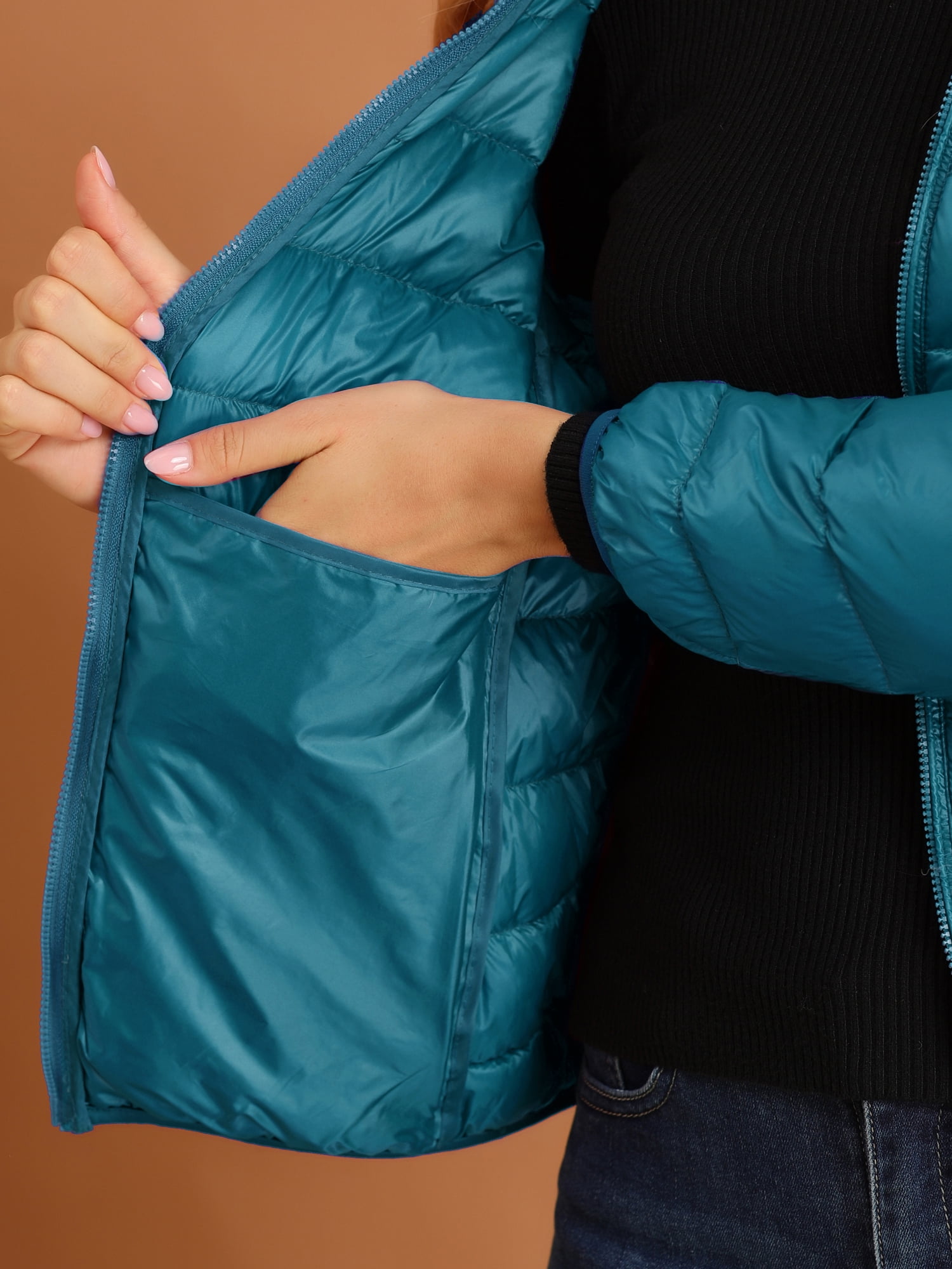 DARING DIVA Women's Hooded Zip Up Short Down Lightweight Jacket S Lake Blue