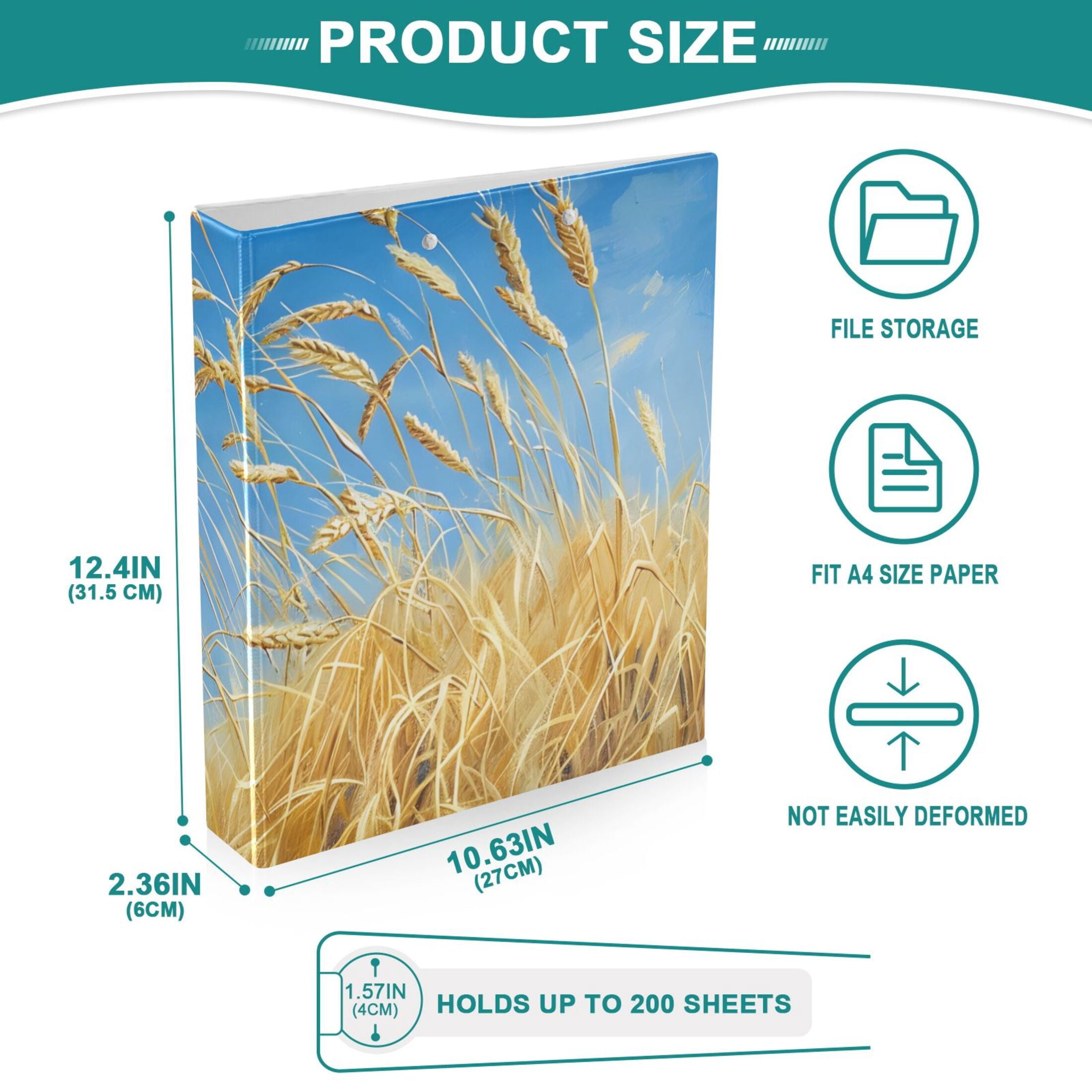 Rice Wheat Harvest 3 Ring Binders 1.5 inch Hardcover File Folders with Interior Pockets A4 Size Organizer for School Office Hospital