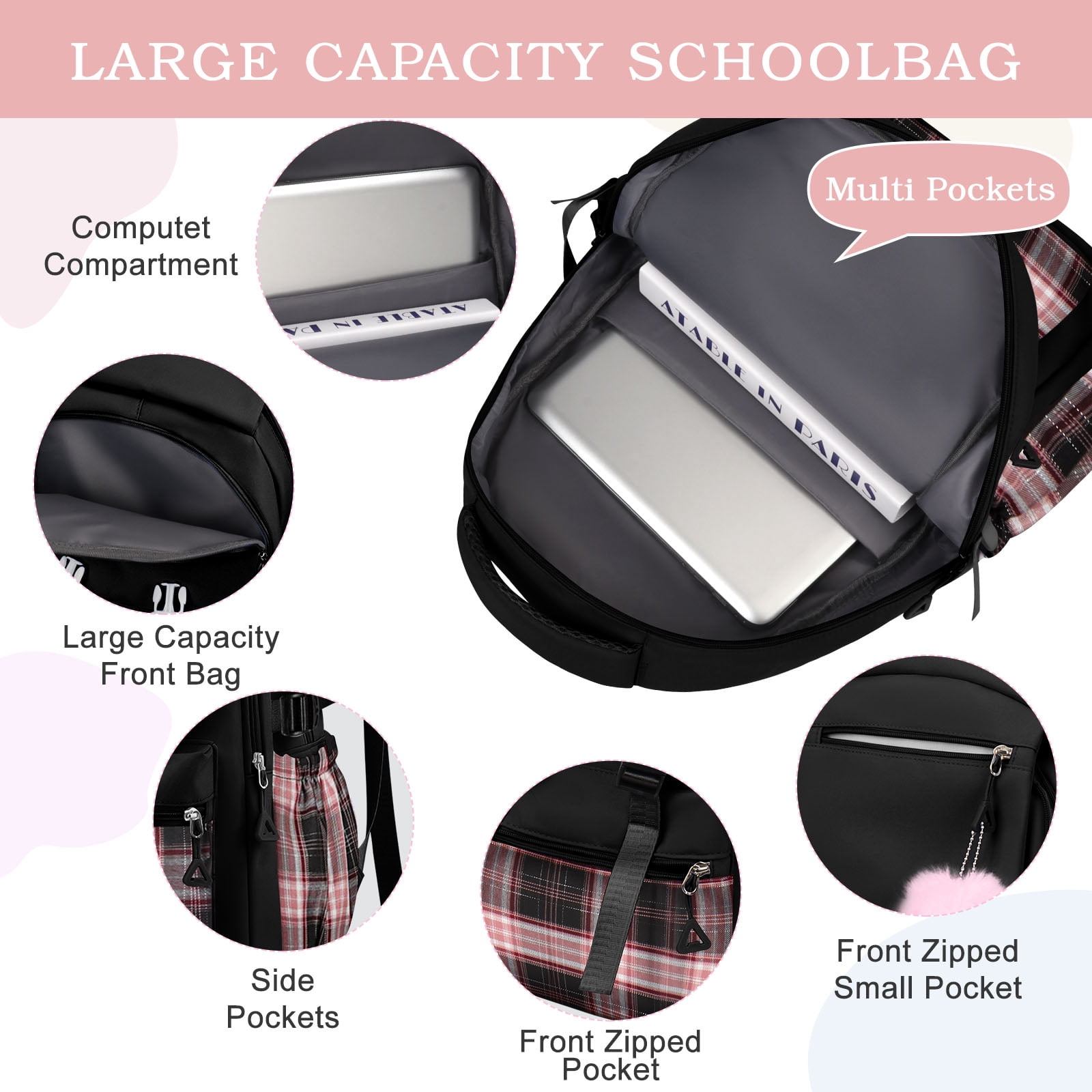 DAKIMOE Black School Backpack for School, Travel, Work, Large Capacity Waterproof Bookbag with 7 Compartments and Luggage Belt