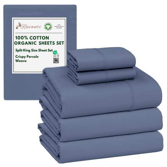 RUVANTI 100% Organic Cotton Sheets -Split King Sheet - 5 Piece Percale Weave Bedding, Crisp, Cooling & Breathable, Soft & Durable, 16" Deep Pocket, Hotel Quality Sábanas - Wild Wind