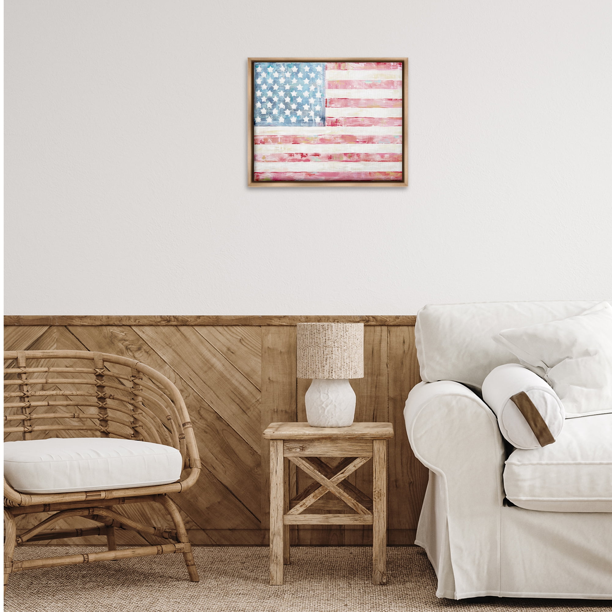 Stupell Industries Patriotic Brushed Flag Town & City Painting Brown Floater Framed Canvas Art Print Wall Art, 21 x 17
