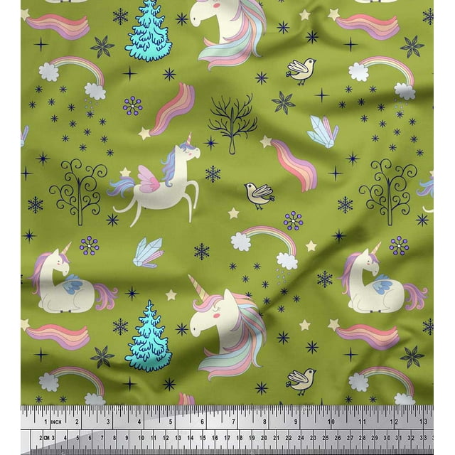 Soimoi Green polyester Crepe Fabric Unicorn & Rainbow Nature Print Sewing Fabric Yard 52 Inch Wide