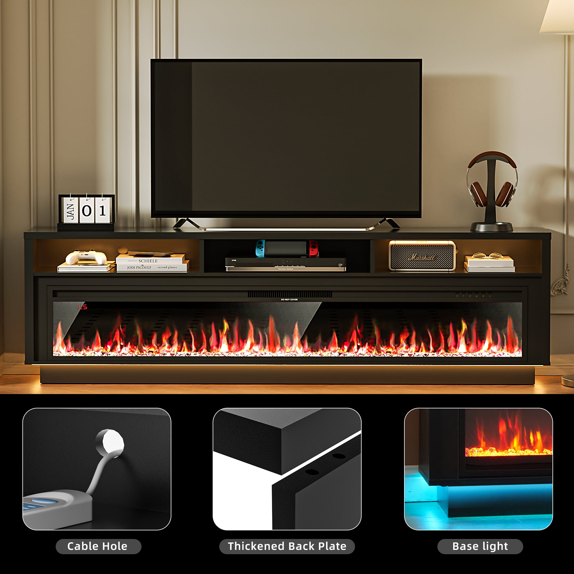 HARIPUL 70" Fireplace TV Stand for TVs Up to 80" with 64" Electric Fireplace, TV Console for The Living Room, LED Light Entertainment Center, Storage Cabinet, Media Console Table, Black