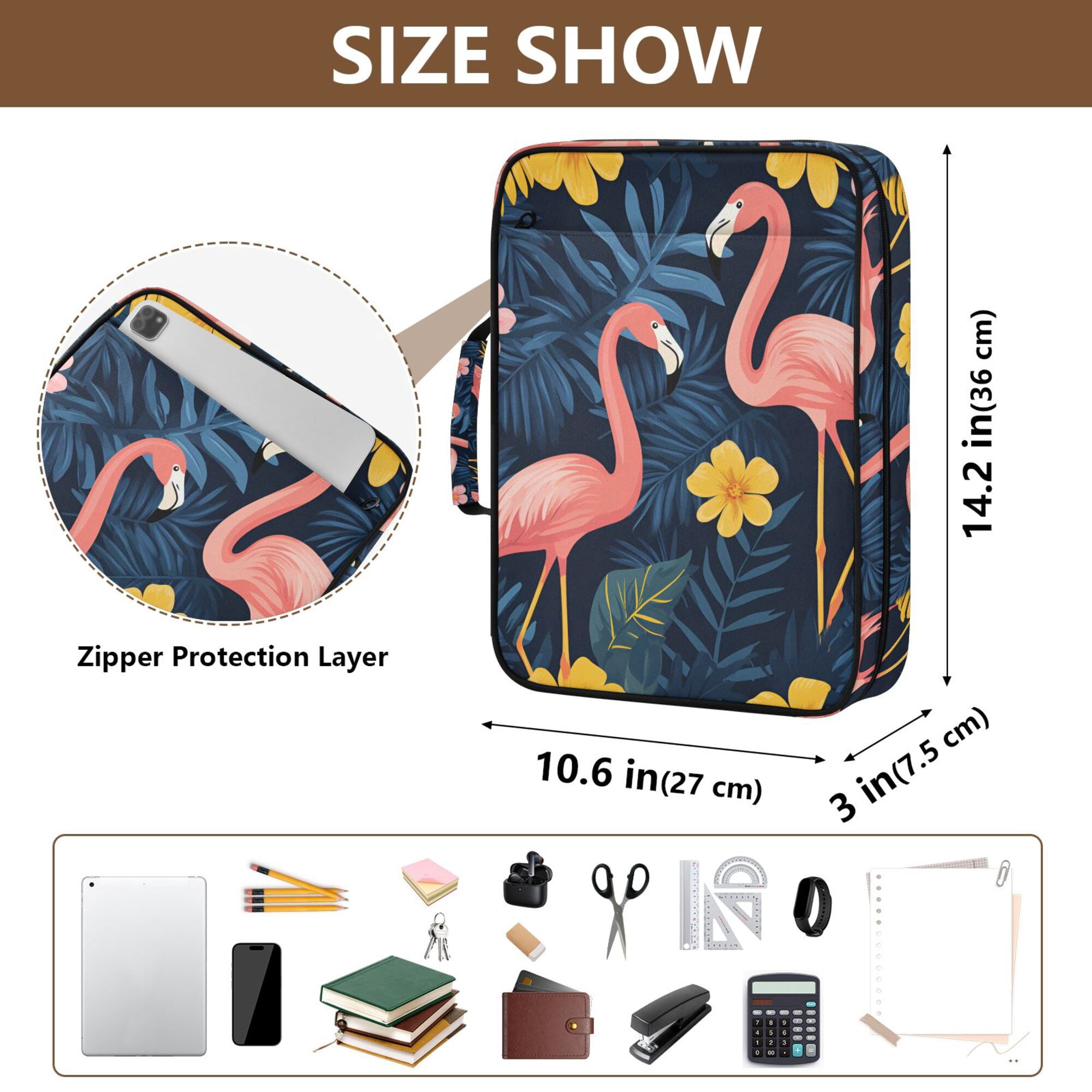 FORMRS Accordion File Folder A4 Size 7-Pocket Expanding Document Organizer Bag with 3 Ring Binder, Floral Flamingo