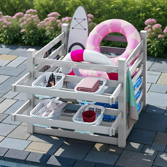 Uforic Outdoor Waterproof Storage Organizer with 6 Hooks, Pool Deck Box, Patio Bin, 64"W x 47"L x39"H, Light Gray