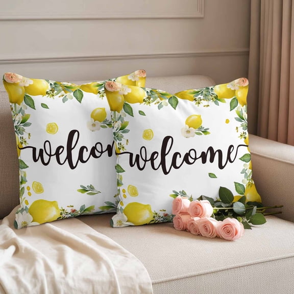 Outdoor Pillow Covers Summer Yellow Lemon Welcome Quote Waterproof Pillow Cases 18x18 Set of 2, Farmhouse Wild Flower Throw Pillow Cover Pillowcase for Patio Balcony Couch Garden