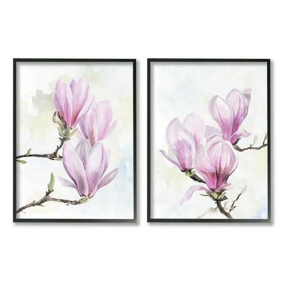 Stupell Pink Magnolia Flower Blossoms Botanical & Floral Painting Black Framed Art Print Wall Art, Set of 2