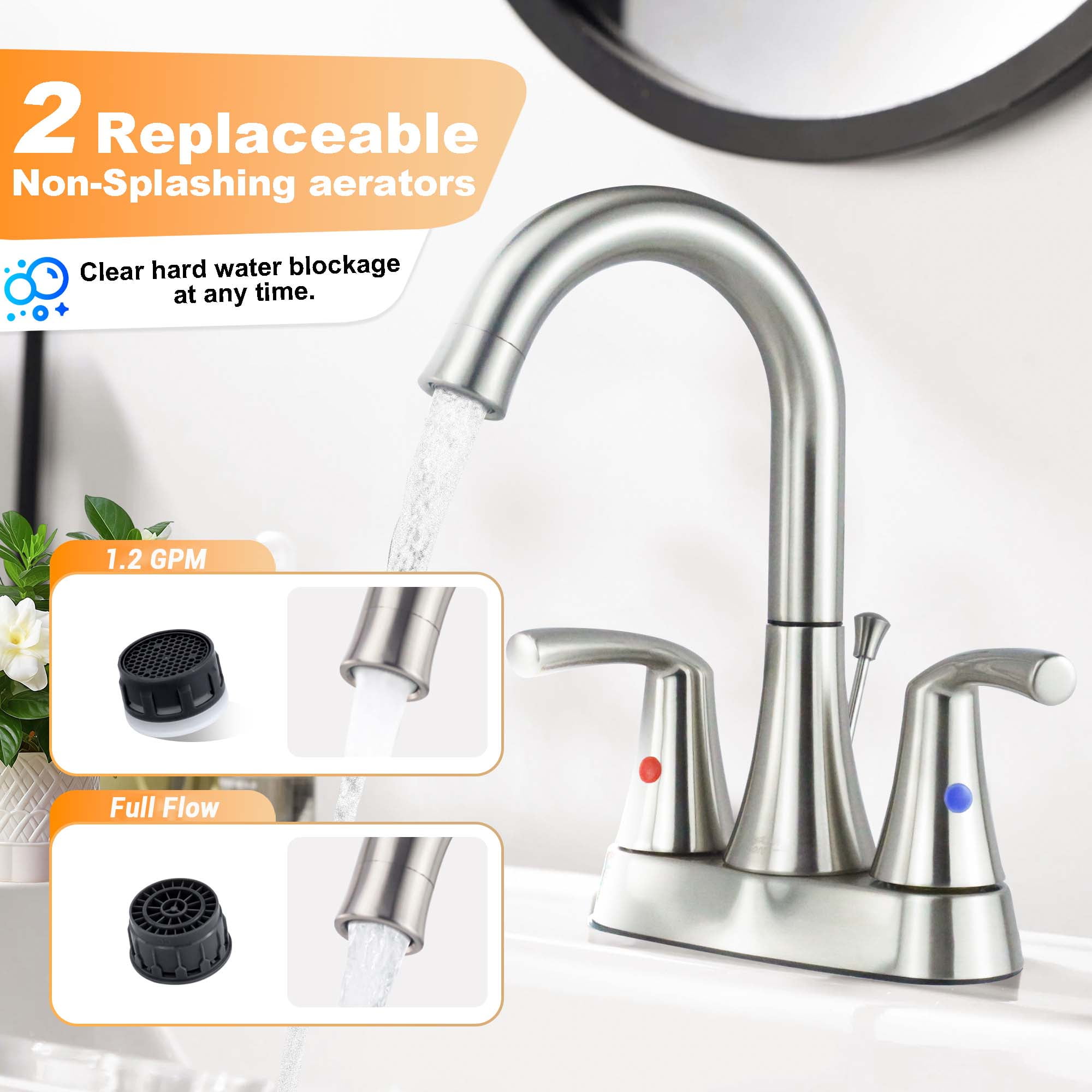 Sunrinx 4-Inch Bathroom Faucet Brushed Nickel 2 Handle Centerset High Arc Sink Faucet