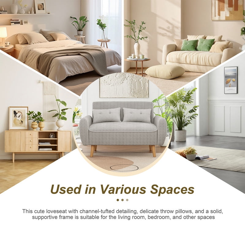 Walsunny Small Modern Loveseat Sofa, Upholstered Fabric Love Seat with Linen Cushions, Compact and Stylish for Small Spaces, Living Room, Bedroom, Office，Light Gray