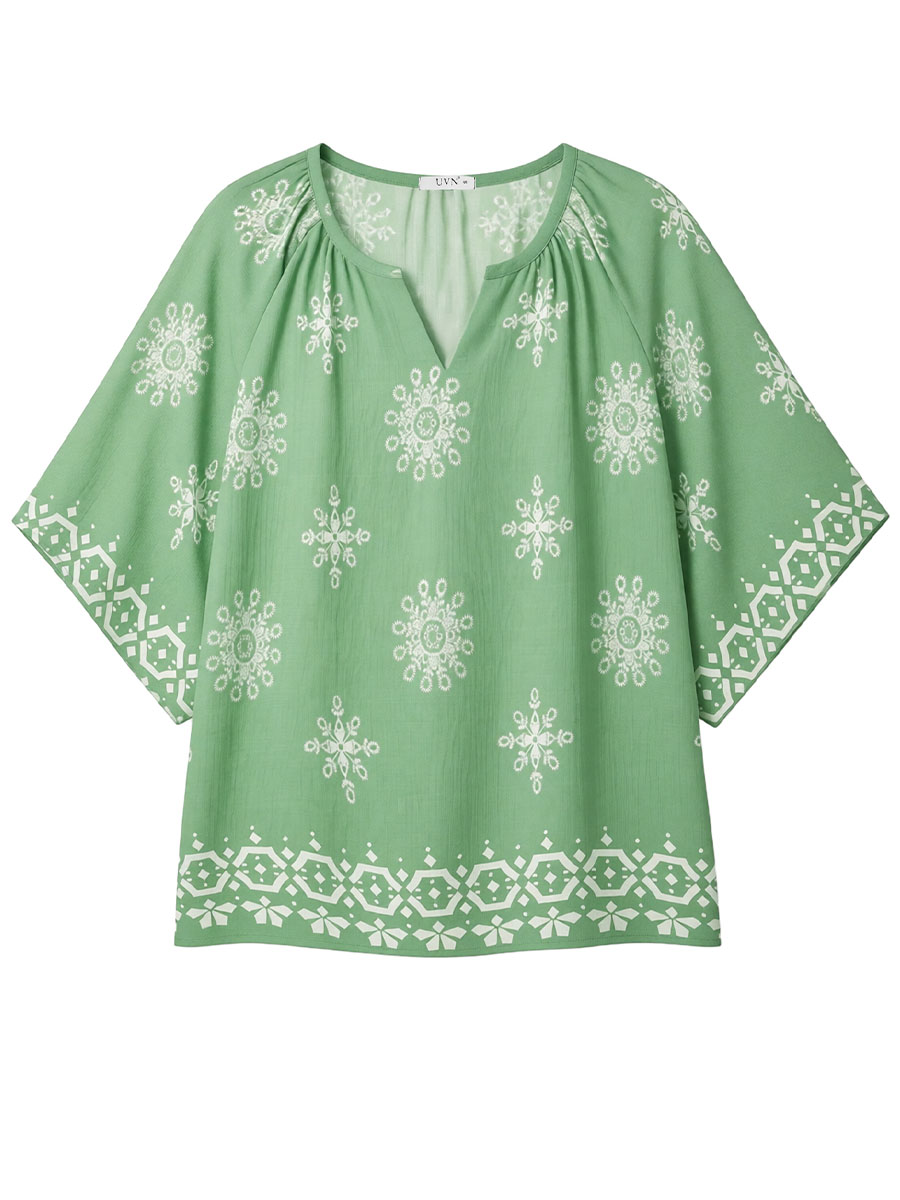 UVN Women's Bohemian Floral Bell Sleeve Blouse, Green photo 8