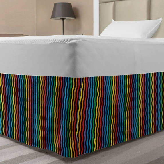 Purple and Yellow Bed Skirt, Rainbow Like Colorful Optical Illusory Vertical Repetitive Wavy Stripes, Elastic Bedskirt Dust Ruffle Wrap Around for Bedding Decor, 4 Sizes, Multicolor, by Ambesonne