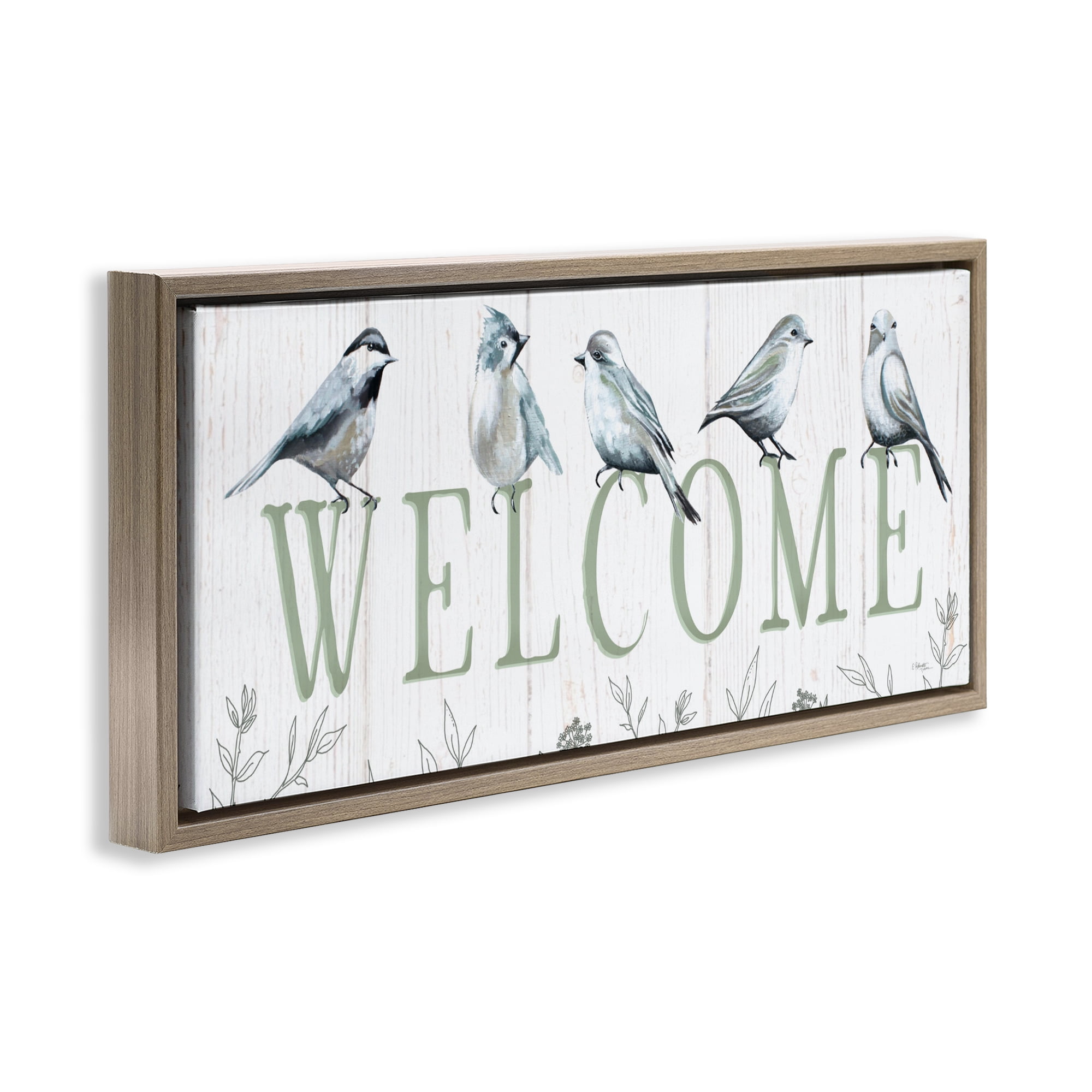 Stupell Industries Delicate Welcome Birds Brown Framed Floater Canvas Wall Art, design by Elizabeth Tyndall