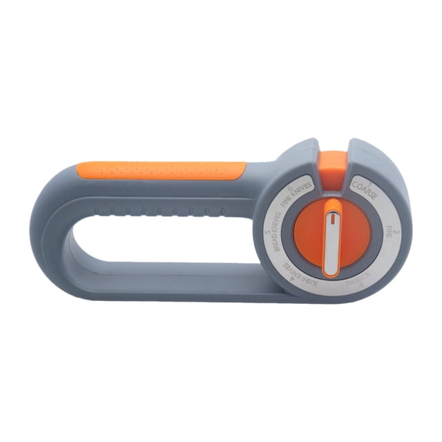 Afilador manual para tijeras y cuchillos, herramienta de afilado robusta y portátil. Naranja y gris