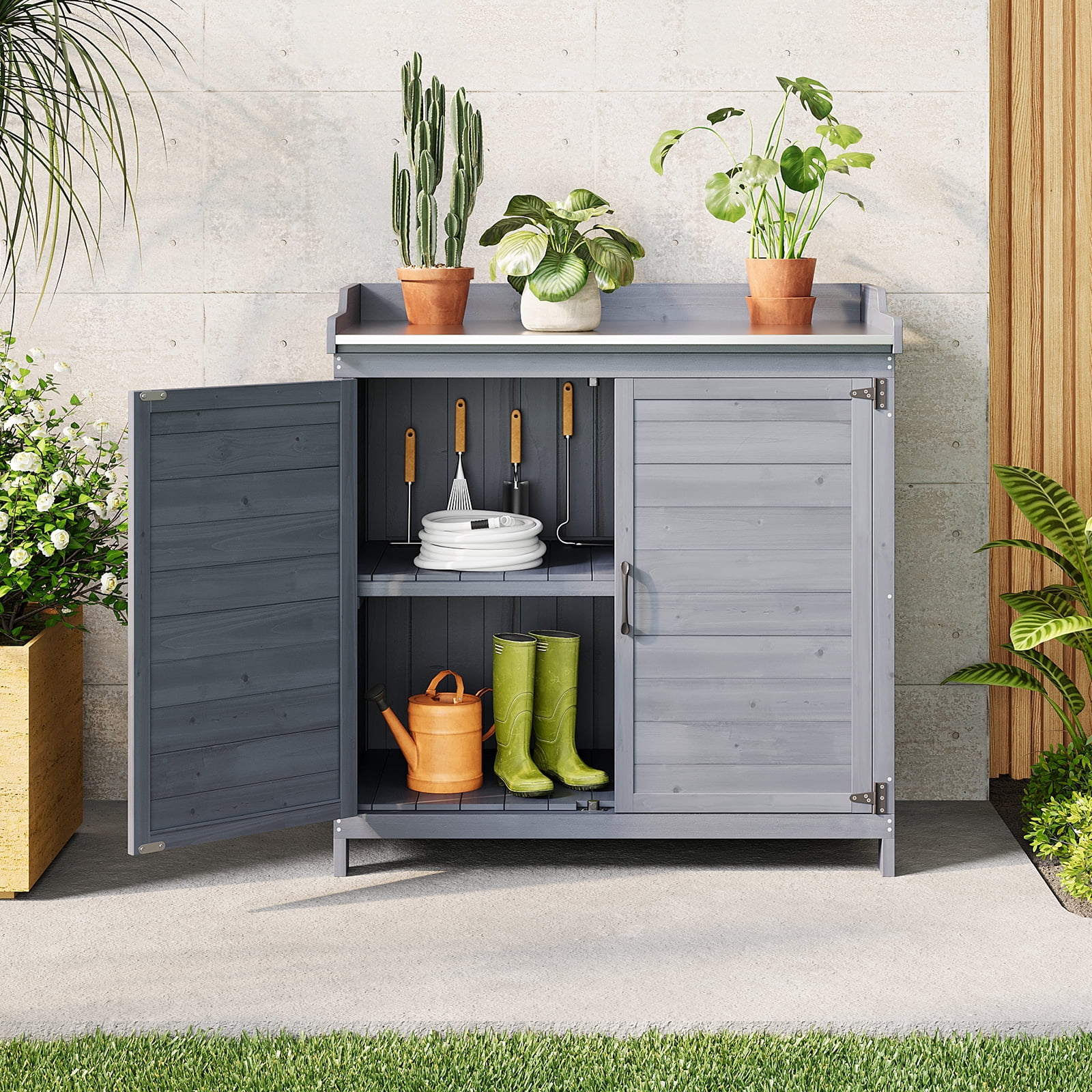 38.6"D x 18.9"W x 37.4"H (6.1 sq ft) Wood Outdoor Patio Potting Bench with Adjustable Shelves - Gray