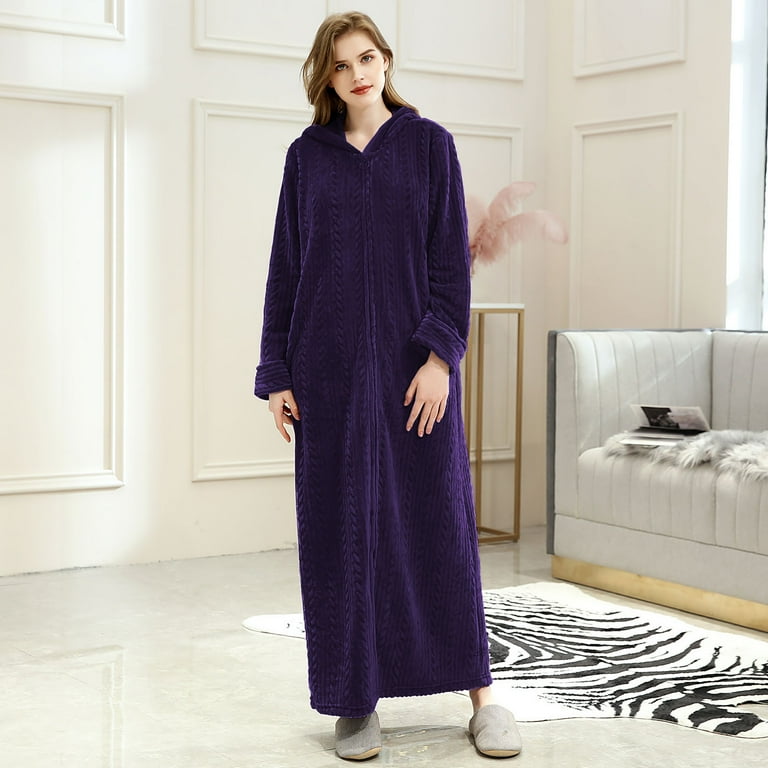 LOFIR Womens Zipper Front Robe, Long Plush Hooded Fleece Soft
