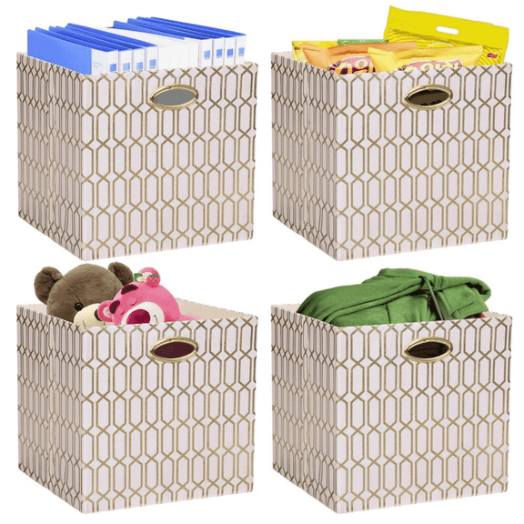 Storage Bins, Storage Cubes,13×13 Fabric Drawers Organizer Basket Boxes Containers (13×13×13/4pcs, Cream/gold geometry Patt)