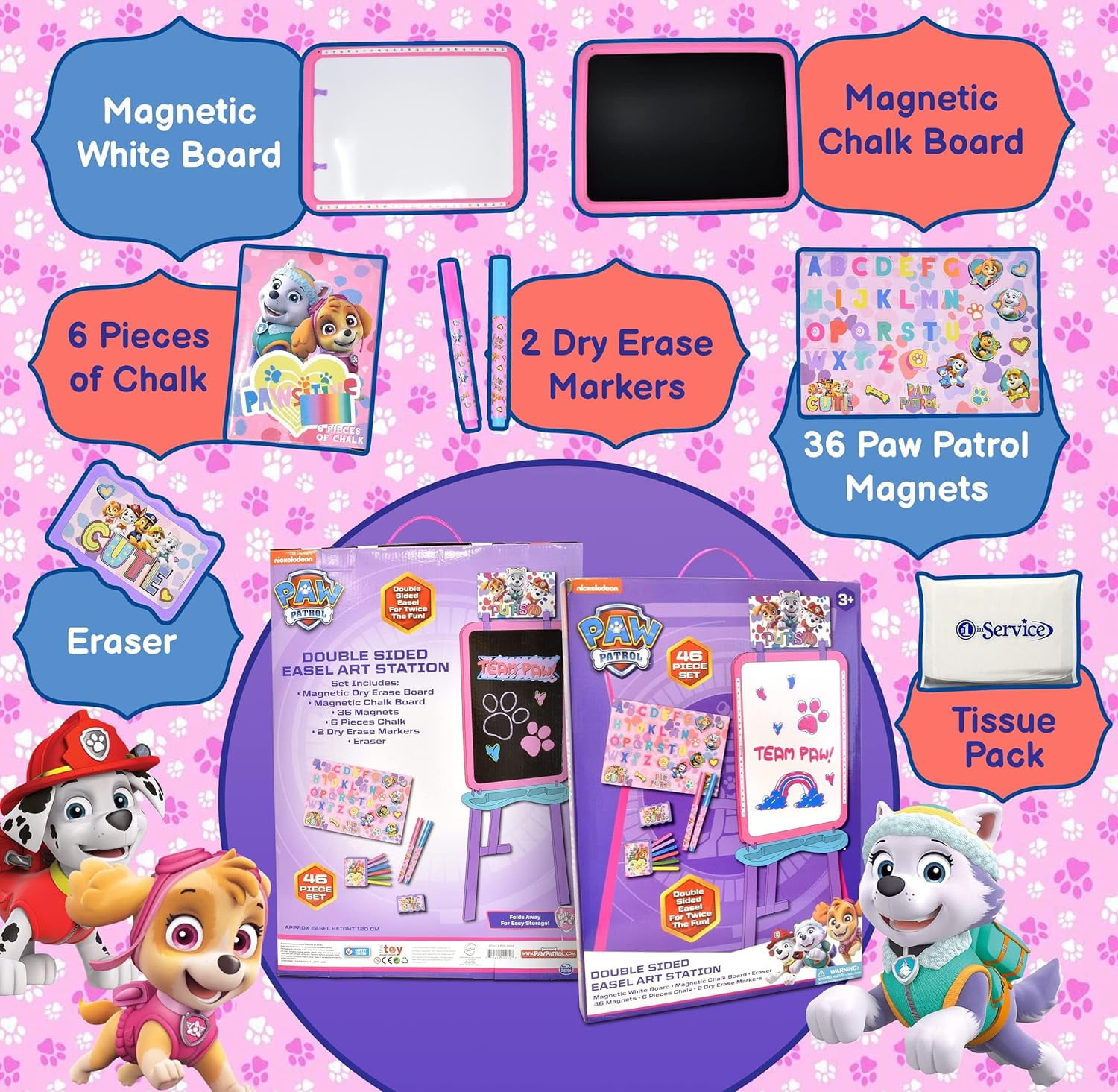 Paw Patrol Standing Art Easel for Kids with Magnetic Whiteboard, Chalkboard, Accessories and Bookmark, Pink/Purple