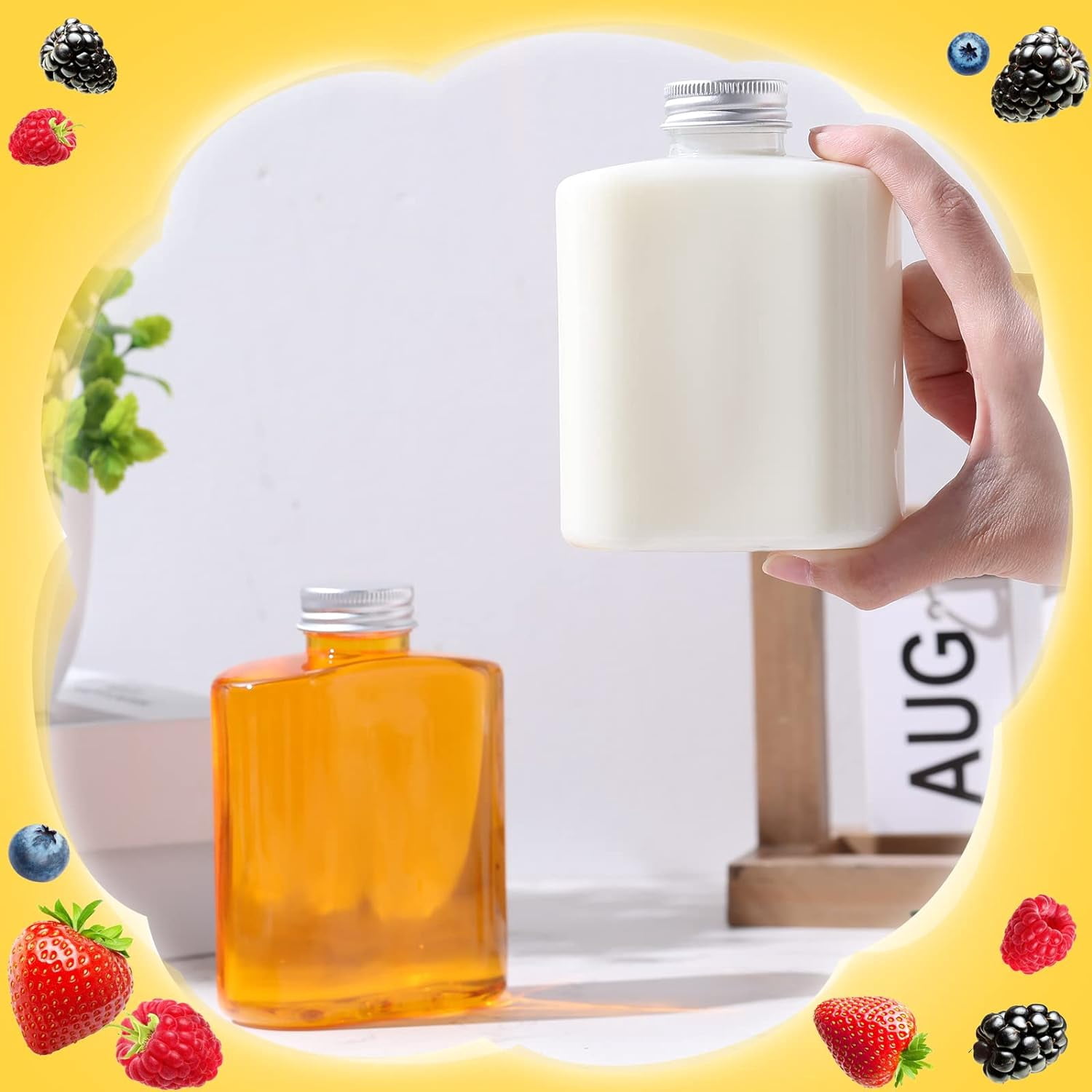 JUMRHFAN 24 Pack Plastic Bottles with Caps, Clear Juice Bottles Flat Water Bottle Plastic Flask Bottle Reusable Mini Beverage Container for Drinks, Milk, Tea, Alcohol, Liquor (10 oz)