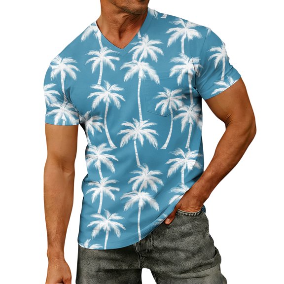 Men's Fashion Printed V-Neck Short Sleeve T-Shirt – Hawaiian Polka Dot Print Design for Beach Outings and Leisure Wear,Blue,L