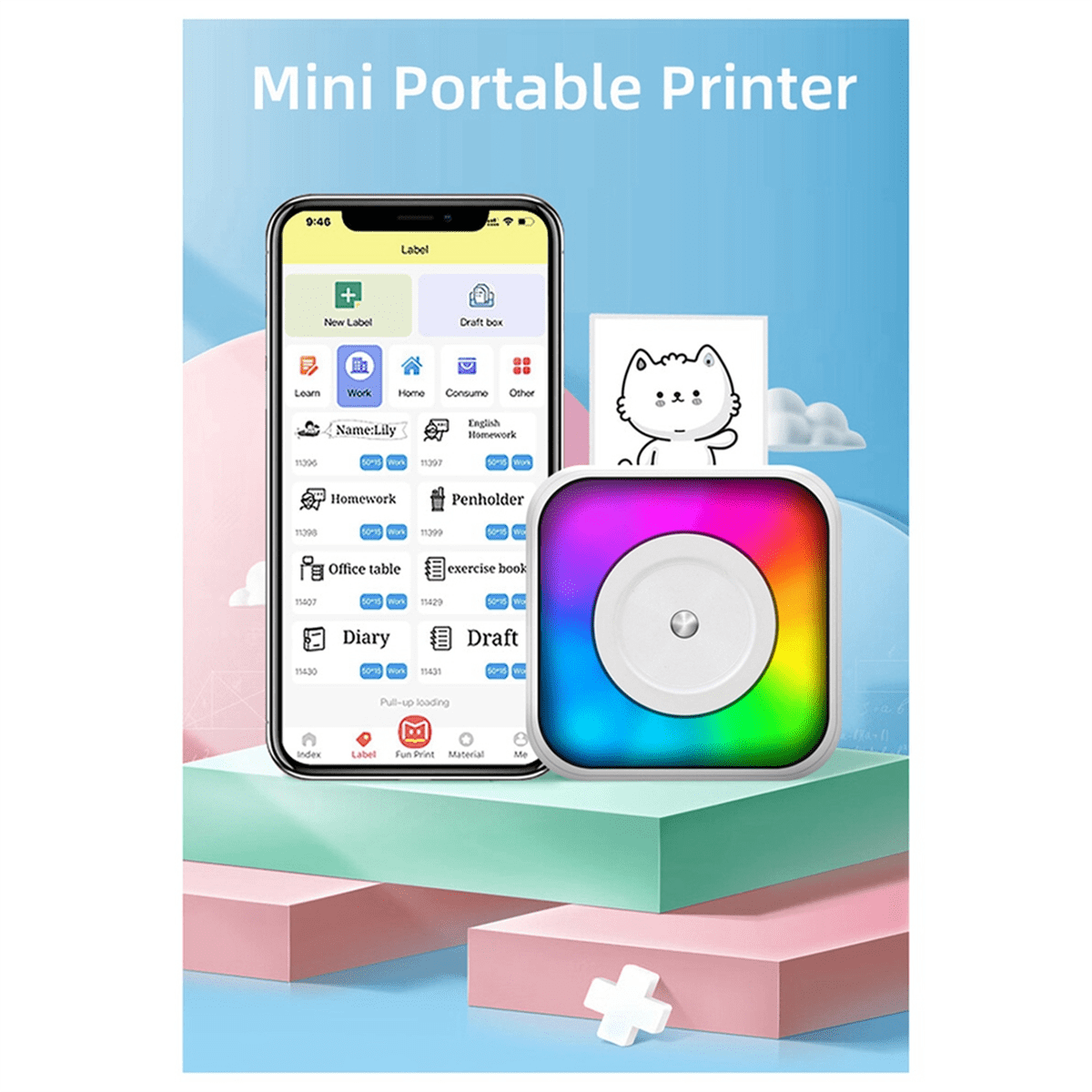 Mini LED Light Printer Pocket Thermal Paper Label Adhesive Webpage Picture Printing Bluetooth Wireless Type-C
