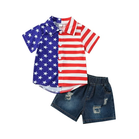 

2Pcs Independence Day Kids Boy Clothes Stripe Stars Print Lapel Short Sleeve Shirts Denim Shorts