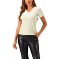 thumbnail image 1 of Camiseta casual de terciopelo para mujer Inspire Chic, con cuello en V y mangas cortas, talla XL, color beige, 1 of 6