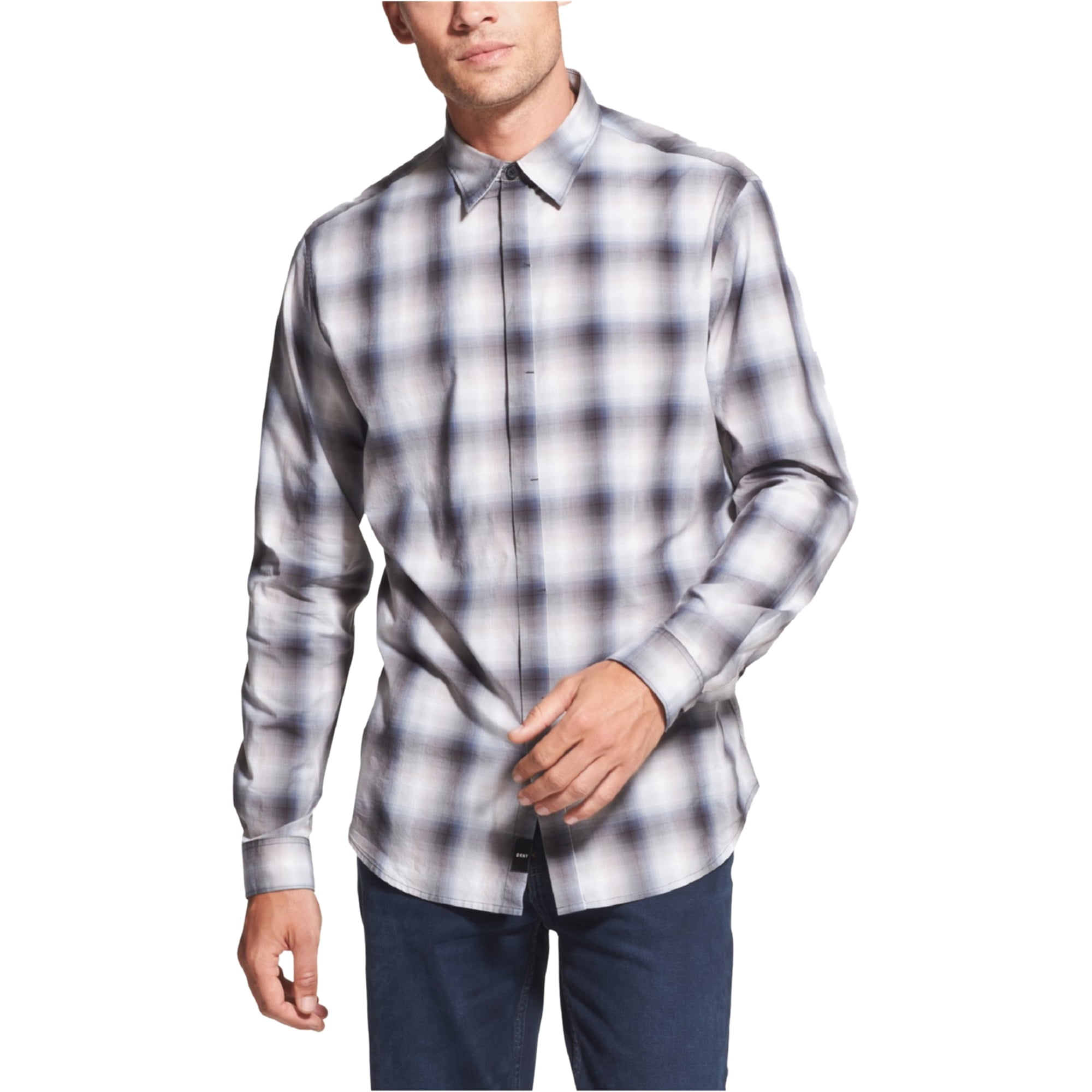 DKNY DKNY Mens Plaid Long Sleeve Button Up Shirt, Grey, XXLarge