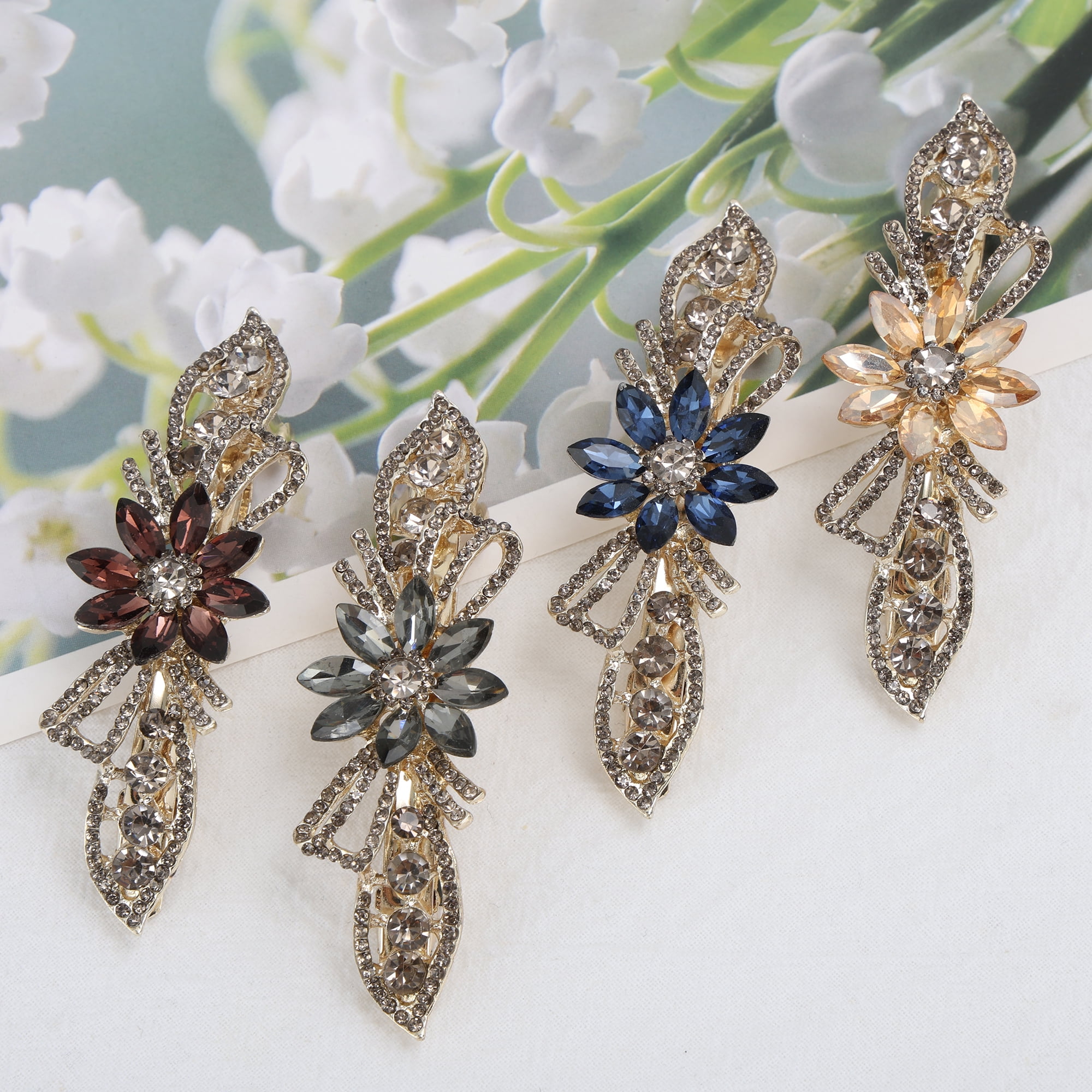 Unique Bargains Flower Rhinestone Barrettes Stylish Hair Gray