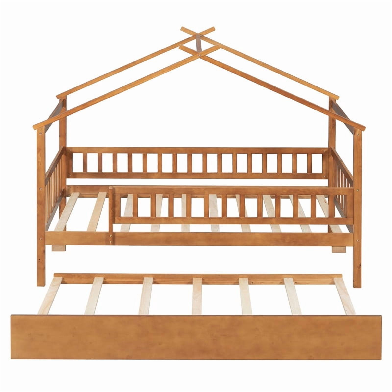 Bellemave Twin Size House Bed with Trundle Playhouse Platform Bed Wooden House-shaped Bed Frame with Fence Guardrail and Roof Tent Beds for Teens(Walnut, Twin Size)