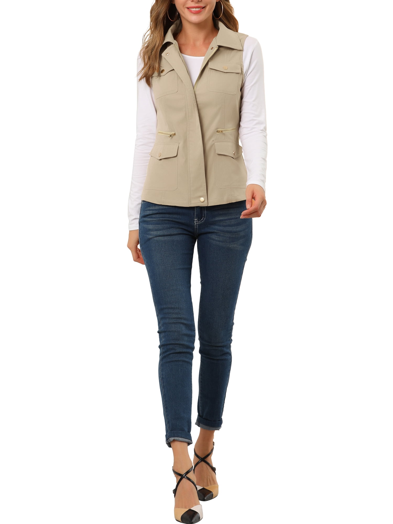 DARING DIVA Women's Travel Vest with Pockets Sleeveless Cargo Utility Vest M Khaki