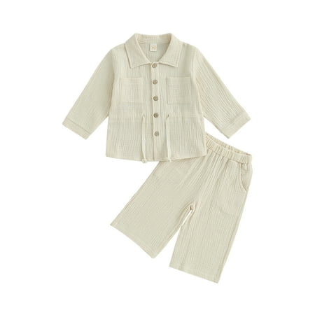 

Qtinghua Toddler Baby Girls Fall Clothes Button Long Sleeve Shirt Tops and Elastic Wide Leg Pants Set 2 Piece Outfits Apricot 18-24 Months