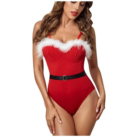 

LBECLEY Matching Couples Underwear Set Leather Stitching Underwear One-Piece Christmas Women Wool Plus Size Open Crotch Lingerie for Women Red Xl