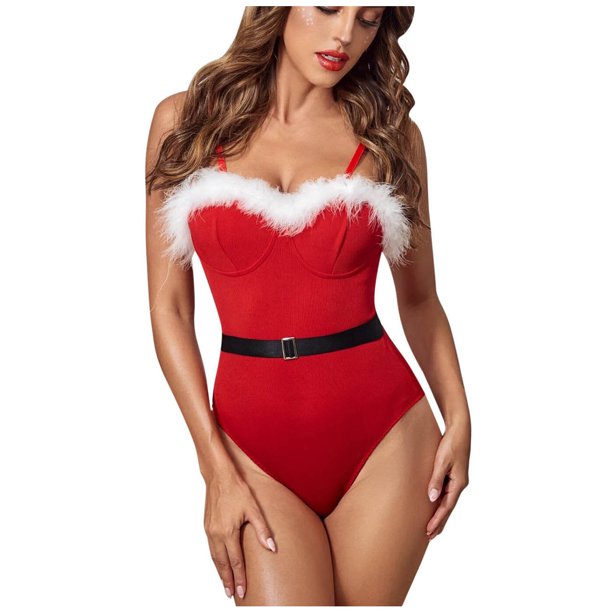 Gibobby Lencería sexy para dormir Ropa interior de cuero con perspectiva sexy de una pieza, navideñas, de lana, ropa interior íntima para mujer (Rojo, L)