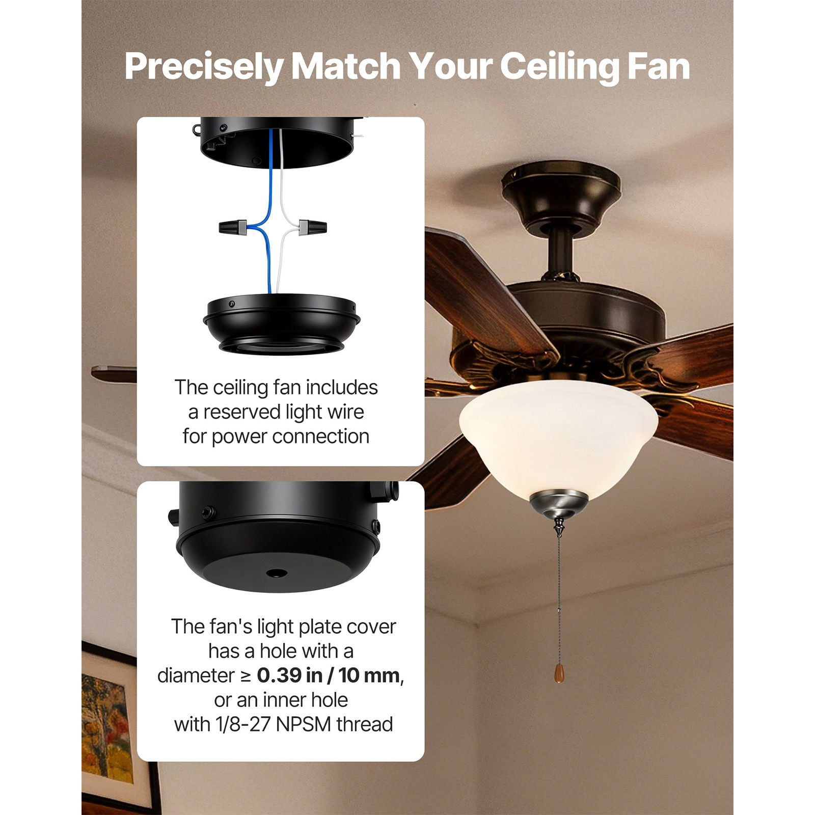 Ceiling Fan Light Kit 11.81 Inch 2x3000K 750lm Bulbs Alabaster Glass Alloy Steel Pull-Chain for Living Room Bedroom