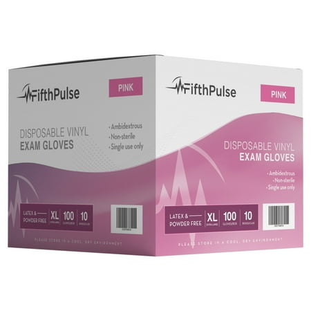 Fifth Pulse Vinyl Gloves, Multifunction Medical Grade Exam, Kitchen Gloves, All-Purpose Industrial Disposable Gloves Latex Free, Powder Free - Pink - 10 Boxes of 100 Gloves- 1000 Total (XL)