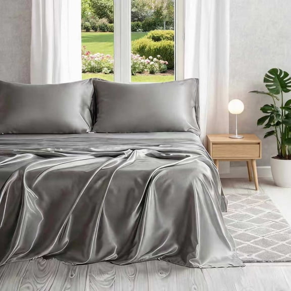 Satin Bed Sheet Set, Luxury and Silky Solid Color Sheet and Pillowcase Set, Flat Sheet, Pillowcases, Fitted Sheet with Deep Pocket, Grey/Twin
