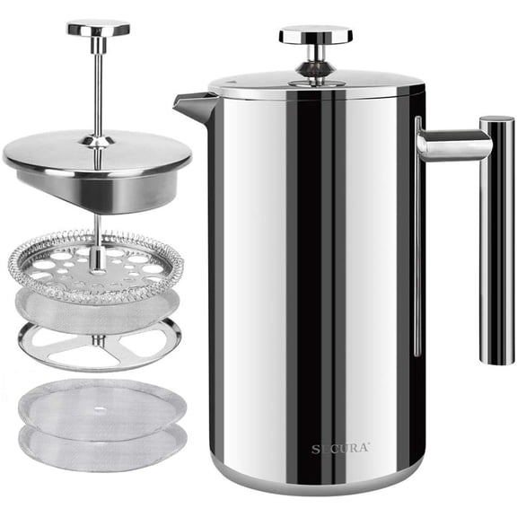 Secura French Press Coffee Maker, 304 Grade Stainless Steel Insulated Coffee Press with 2 Extra Screens, 50oz (1.5 Litre), Silver