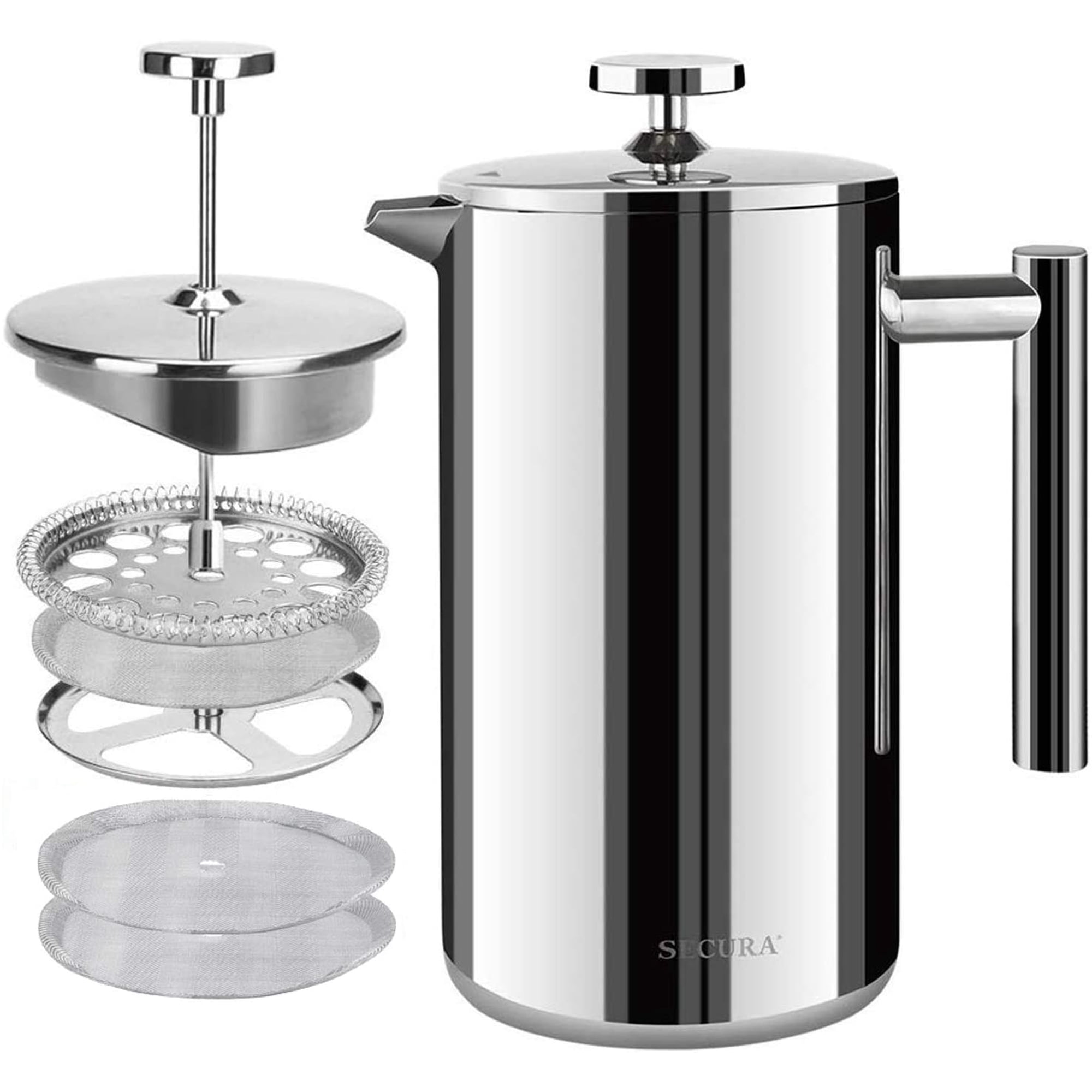 Secura French Press Coffee Maker, 304 Grade Stainless Steel Insulated Coffee Press with 2 Extra Screens, 50oz (1.5 Litre), Silver