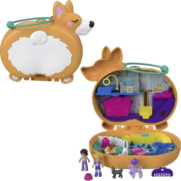 Polly Pocket Corgi Cuddles Compact Playset with 2 Micro Dolls & Accessories, Travel Toys