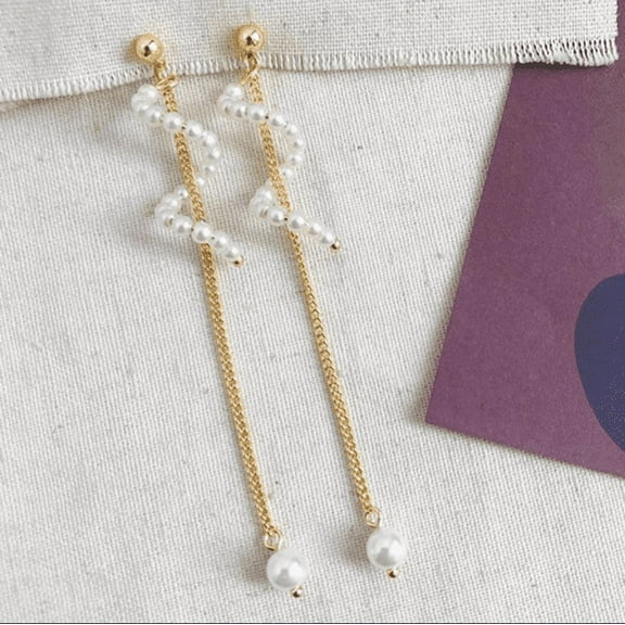 Clip on 3 1/2" long gold chain spiral pearl dangle earrings